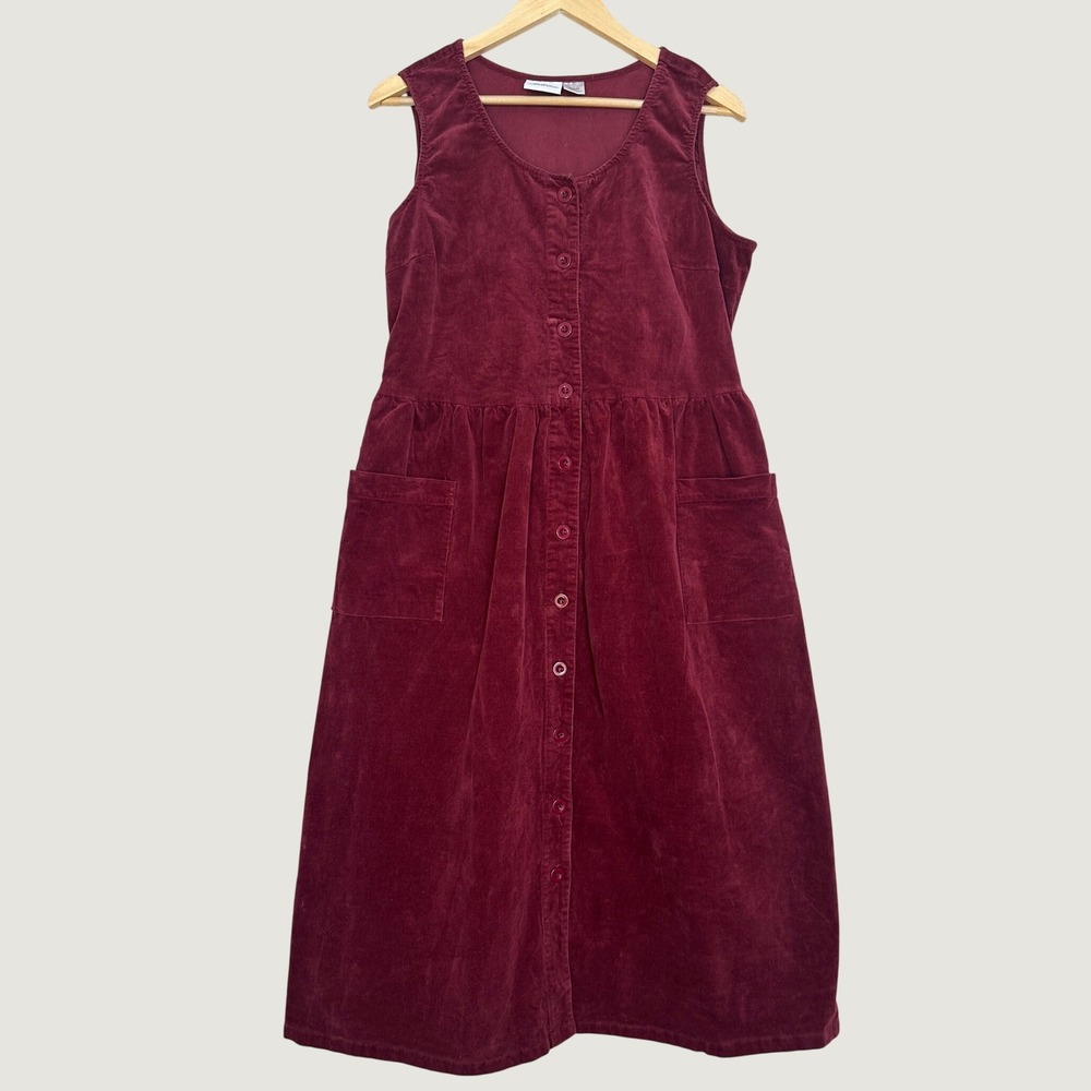 Vermont Country Store Corduroy Jumper Cotton Large Burgundy Button Front Midi
